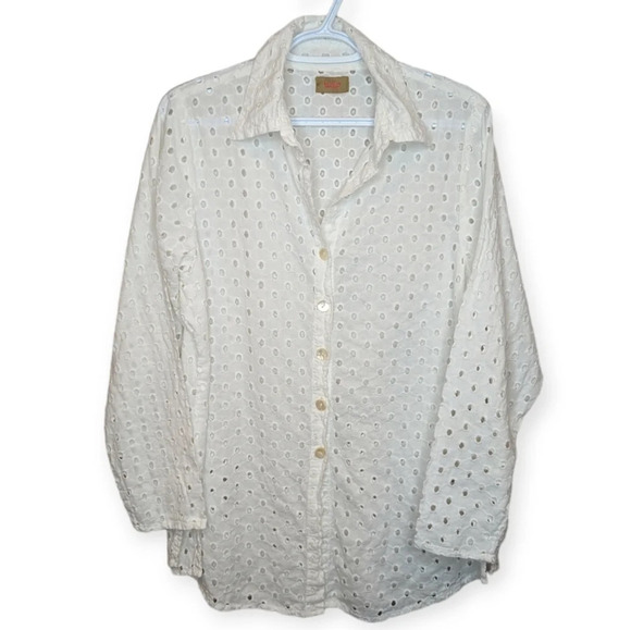 Tulip White Eyelet Button Down Collar Long Sleeve Shirt 100% Cotton Women  Small - Picture 1 of 13